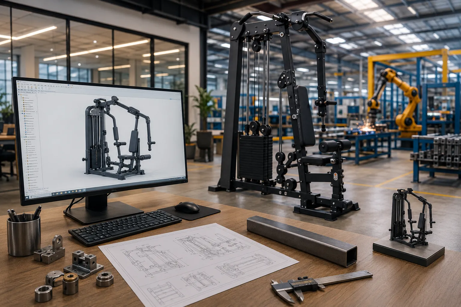Mechanical engineers designing customised fitness equipment using 3D CAD software with a production-ready gym machine in a modern manufacturing facility.