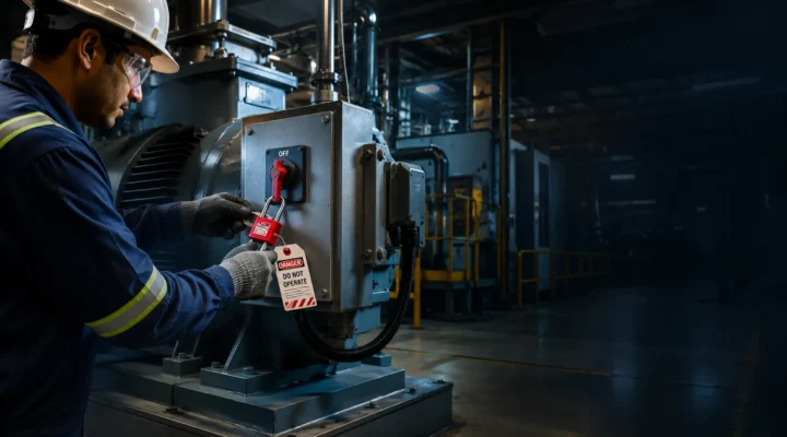 Maintenance technician applying a lockout tagout (LOTO) lock and danger tag to an electrical disconnect switch during industrial safety training.