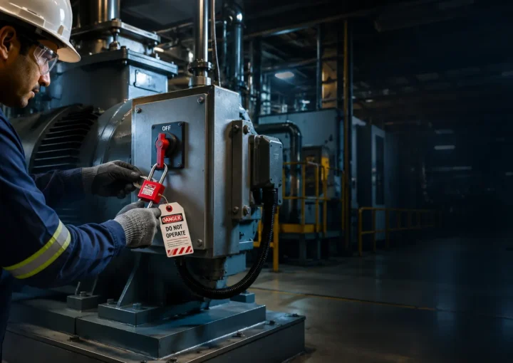 Maintenance technician applying a lockout tagout (LOTO) lock and danger tag to an electrical disconnect switch during industrial safety training.