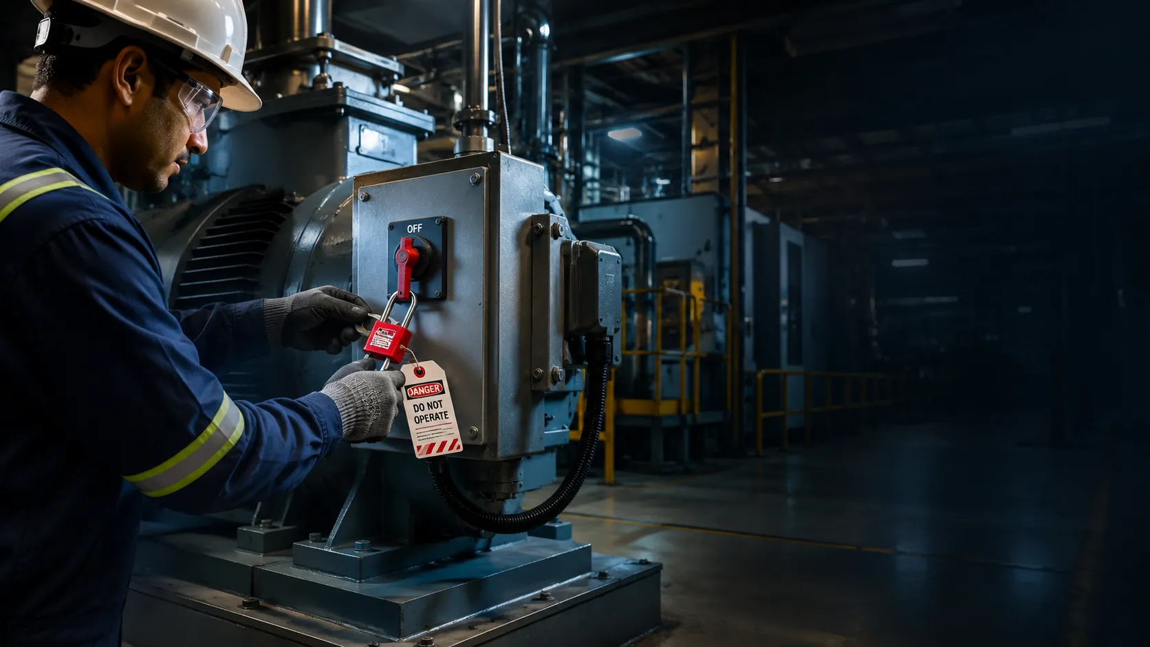 Maintenance technician applying a lockout tagout (LOTO) lock and danger tag to an electrical disconnect switch during industrial safety training.