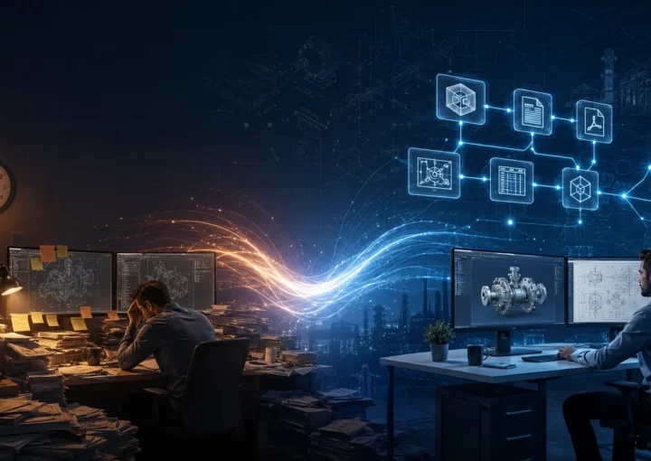 Mechanical engineering workflow transformed through CAD Automation, showing automated generation of drawings, BOMs, PDFs, and manufacturing documents from a 3D CAD model.