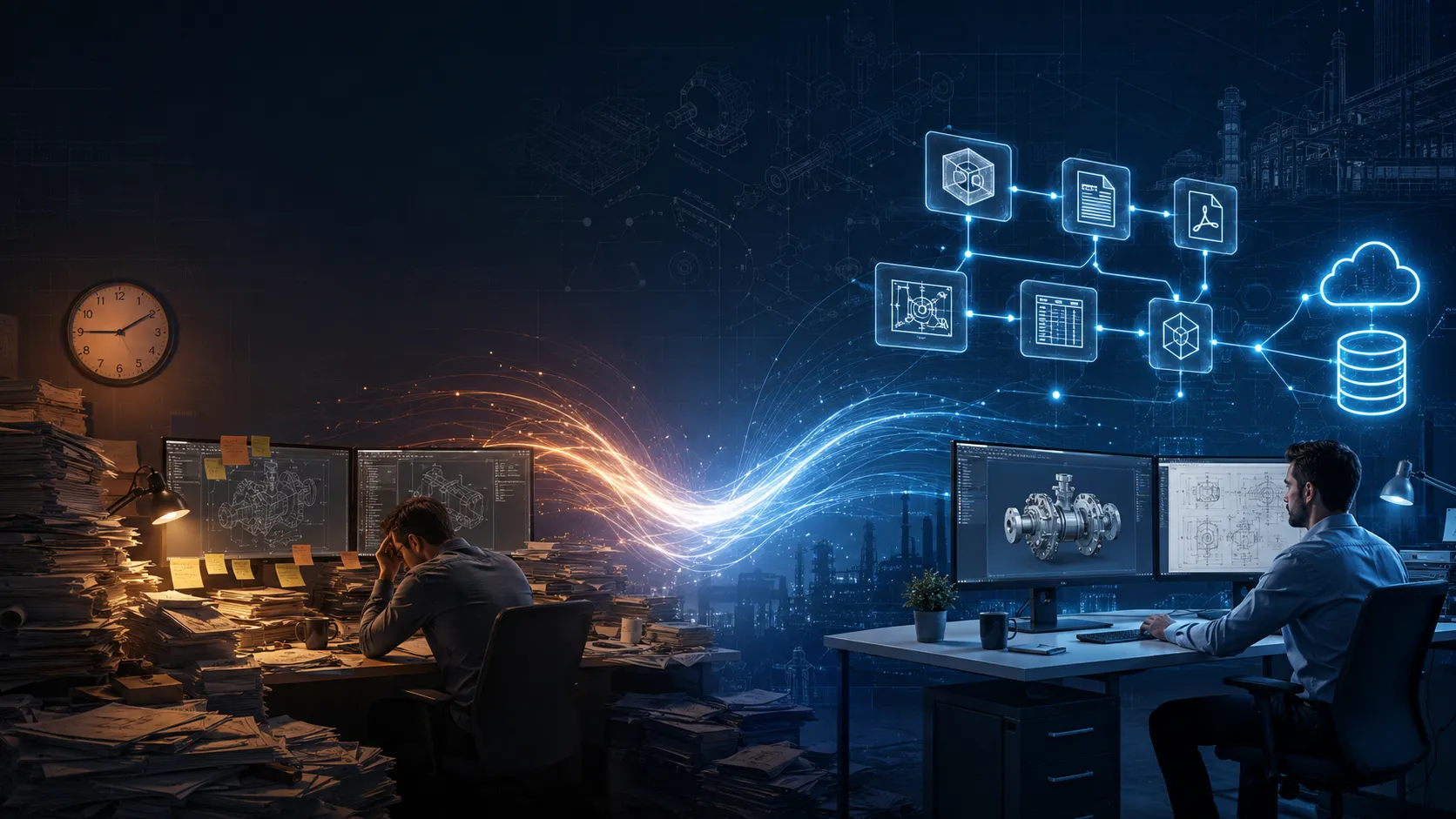 Mechanical engineering workflow transformed through CAD Automation, showing automated generation of drawings, BOMs, PDFs, and manufacturing documents from a 3D CAD model.