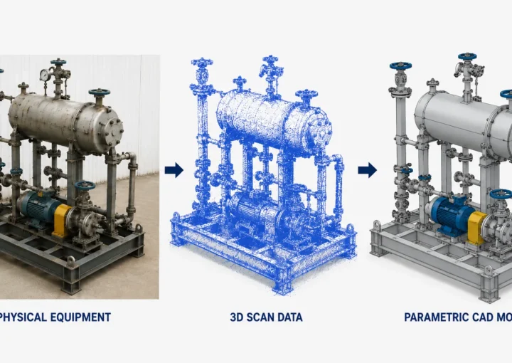 Physical process equipment skid transformed into 3D scan data and a parametric CAD model through reverse engineering.