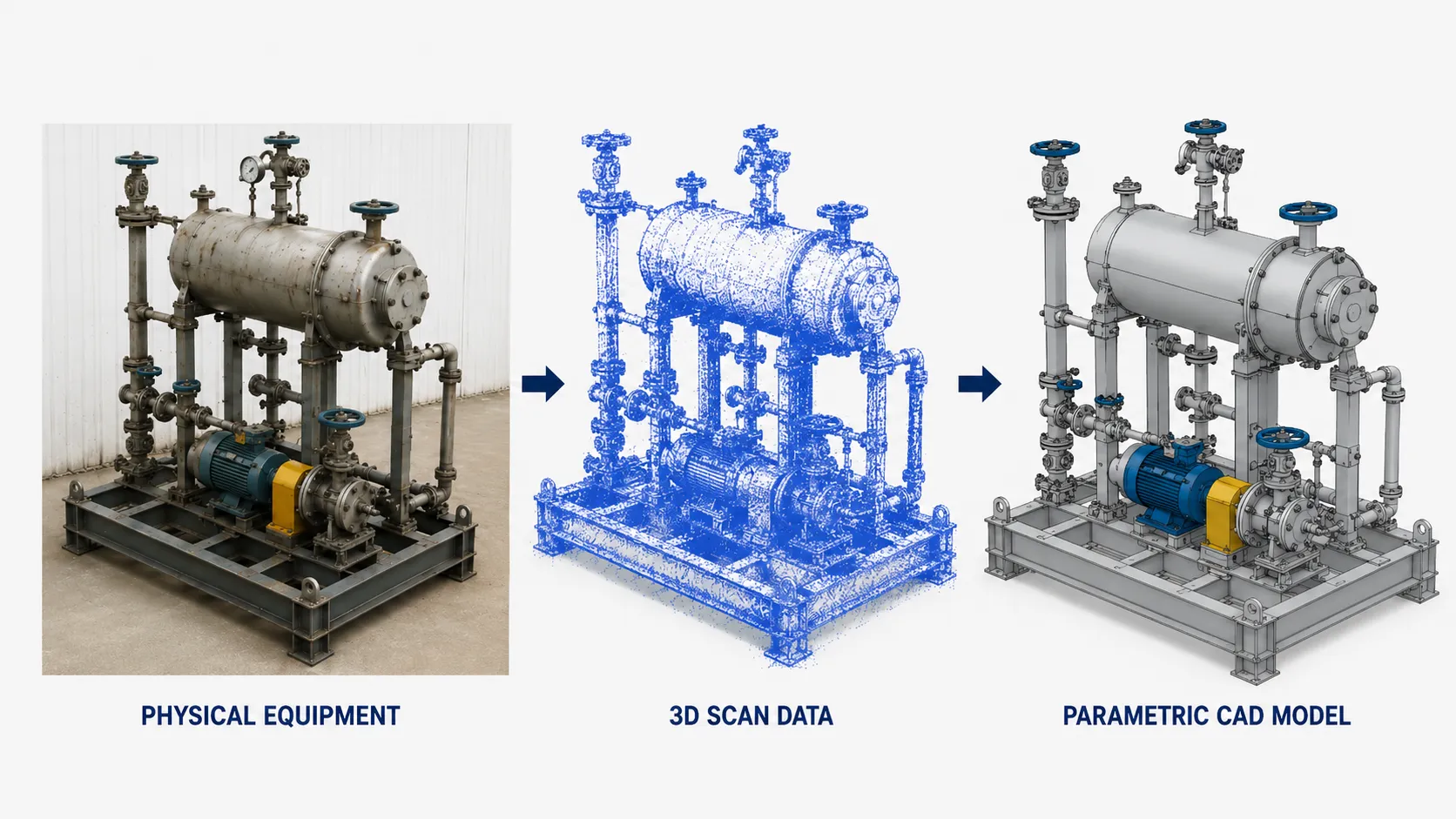 Physical process equipment skid transformed into 3D scan data and a parametric CAD model through reverse engineering.