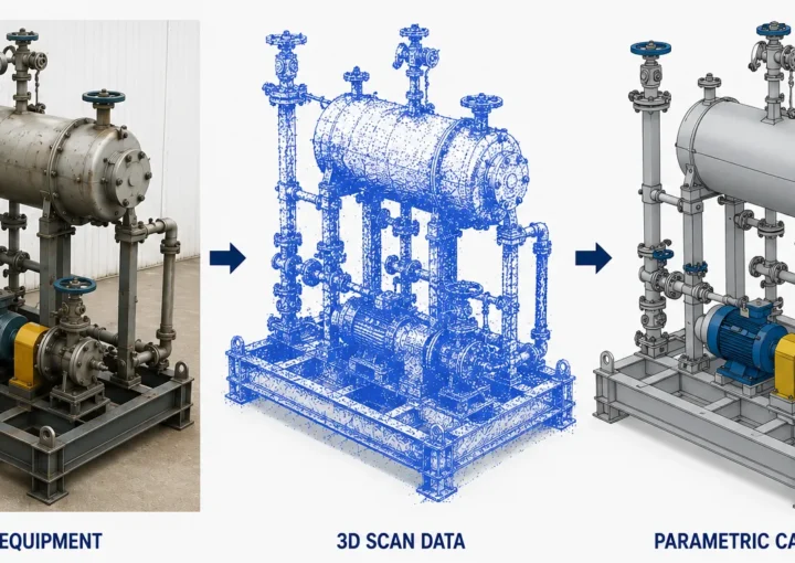 Physical process equipment skid transformed into 3D scan data and a parametric CAD model through reverse engineering.