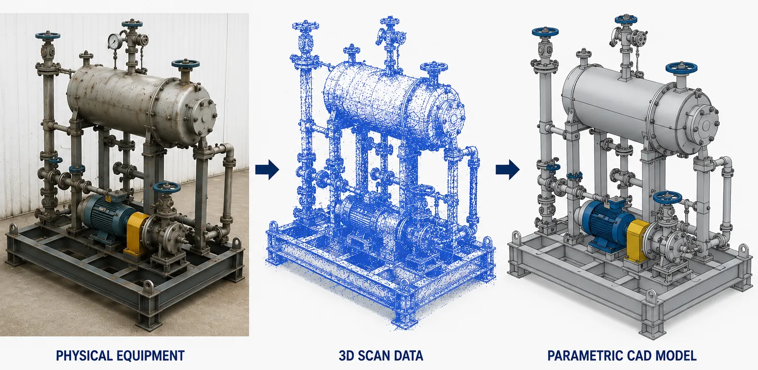 Physical process equipment skid transformed into 3D scan data and a parametric CAD model through reverse engineering.