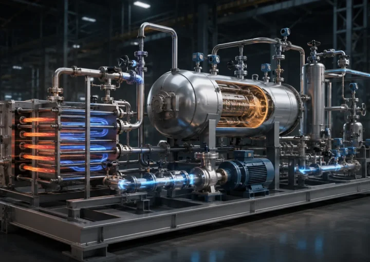 Process Equipment Animation showing industrial skid with heat exchanger, pressure vessel, pump and piping