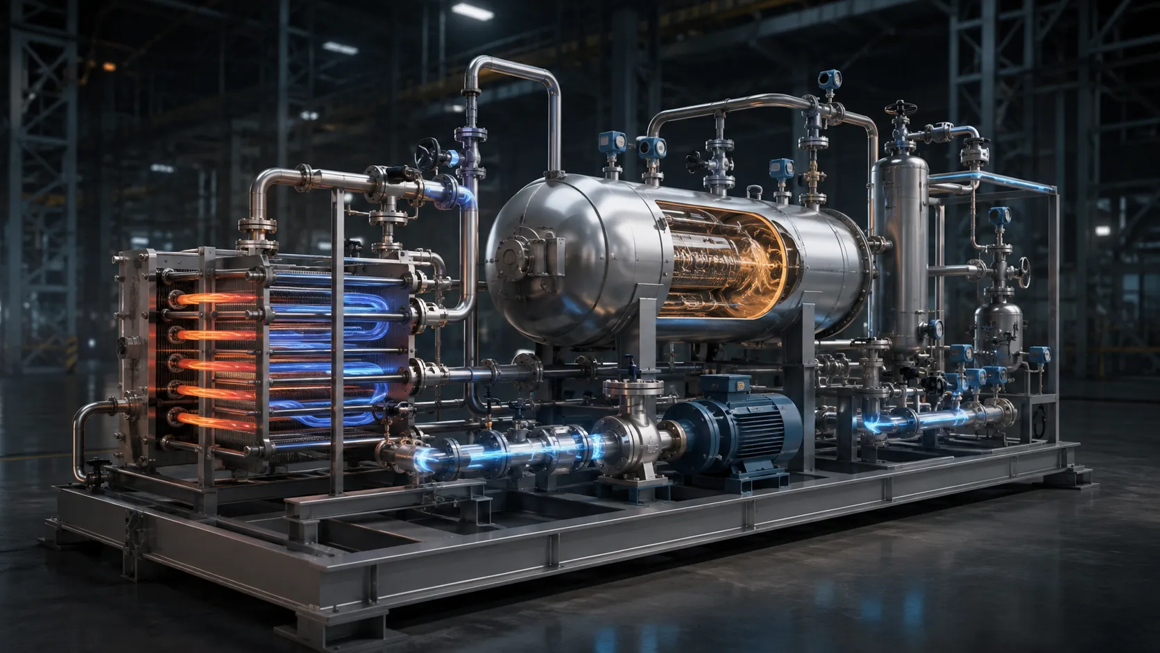 Process Equipment Animation showing industrial skid with heat exchanger, pressure vessel, pump and piping