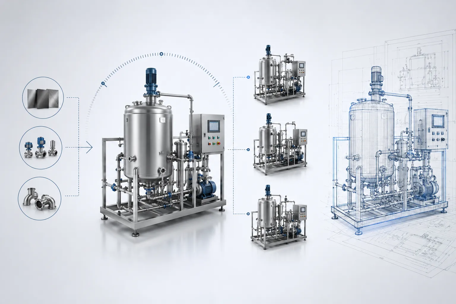 Product configurator for process equipment showing configurable components, product variations and automated CAD engineering output