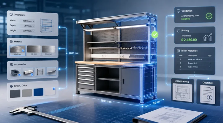 Rule-based Configurator and CPQ interface showing product configuration, engineering validation, automatic pricing, BOM generation, CAD drawing, and quotation automation.