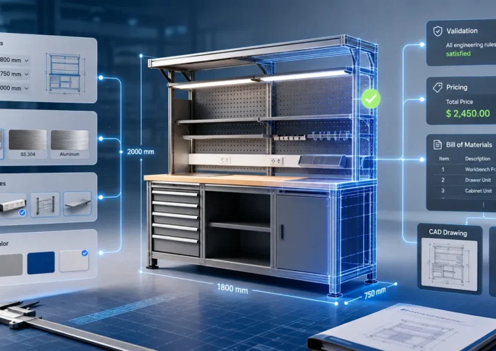 Rule-based Configurator and CPQ interface showing product configuration, engineering validation, automatic pricing, BOM generation, CAD drawing, and quotation automation.