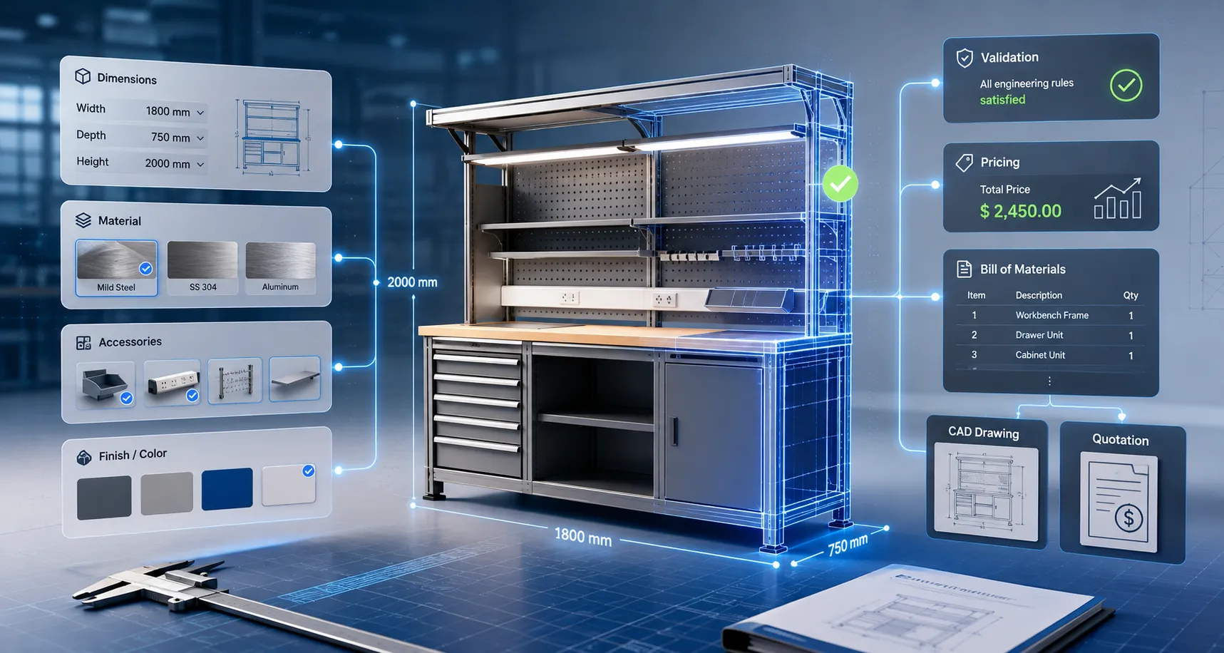 Rule-based Configurator and CPQ interface showing product configuration, engineering validation, automatic pricing, BOM generation, CAD drawing, and quotation automation.