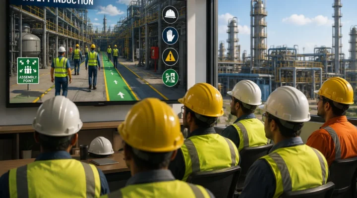 Contractors watching a Safety Induction Animation before working in an industrial plant