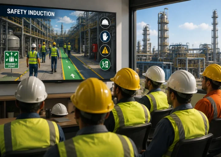 Contractors watching a Safety Induction Animation before working in an industrial plant