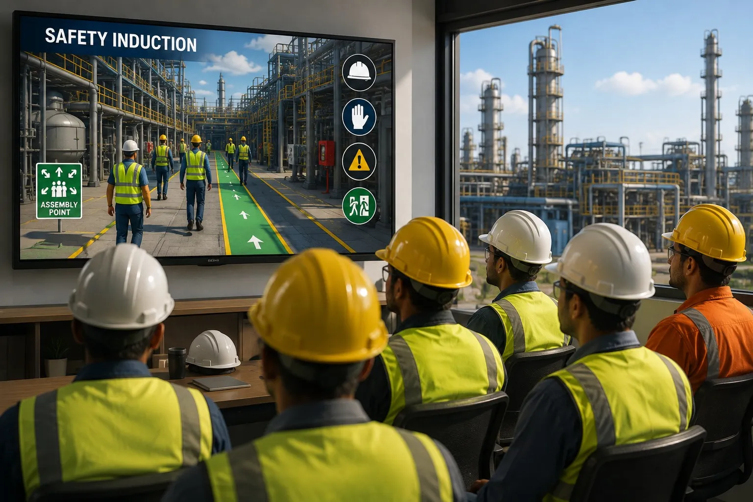 Contractors watching a Safety Induction Animation before working in an industrial plant