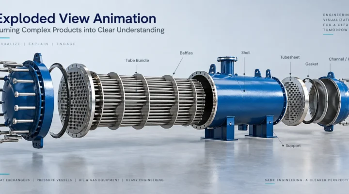 Exploded view animation of a shell-and-tube heat exchanger showing major components