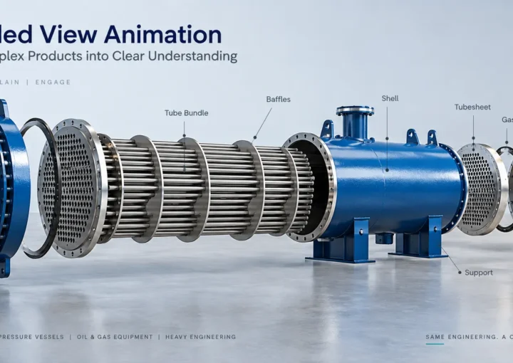 Exploded view animation of a shell-and-tube heat exchanger showing major components