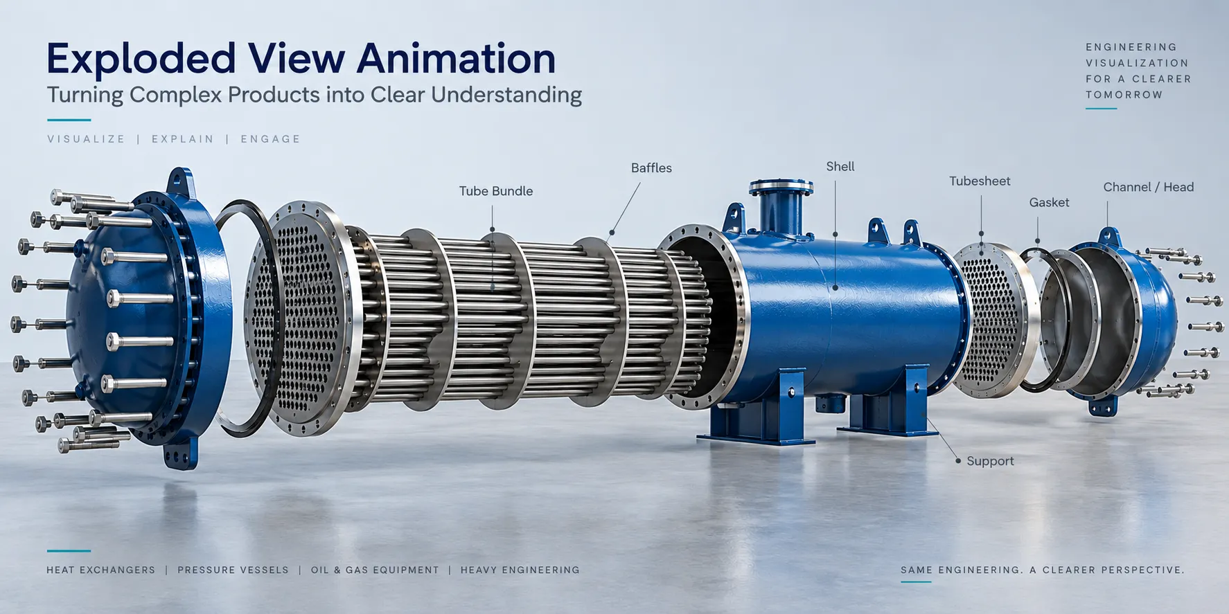 Exploded view animation of a shell-and-tube heat exchanger showing major components