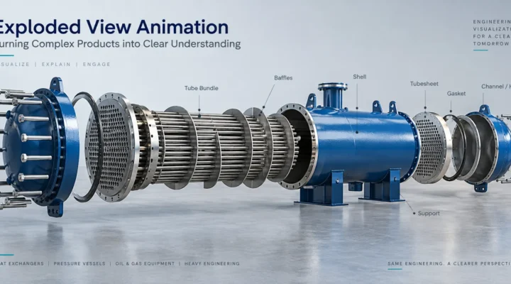 Exploded view animation of a shell-and-tube heat exchanger showing major components