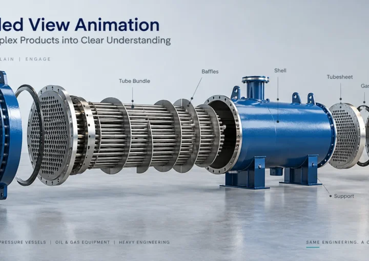 Exploded view animation of a shell-and-tube heat exchanger showing major components