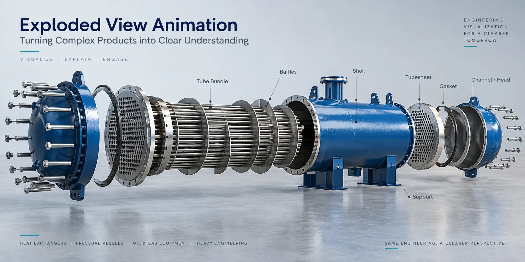 Exploded view animation of a shell-and-tube heat exchanger showing major components