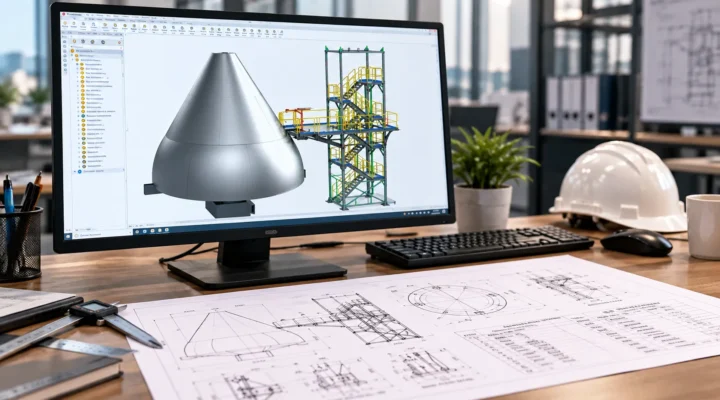 3D CAD model of an industrial fixture with access platform and structural components