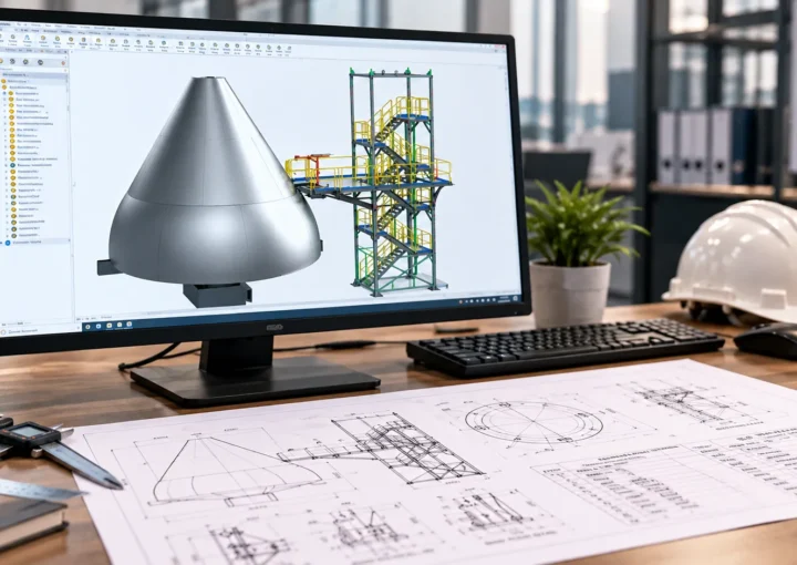 3D CAD model of an industrial fixture with access platform and structural components