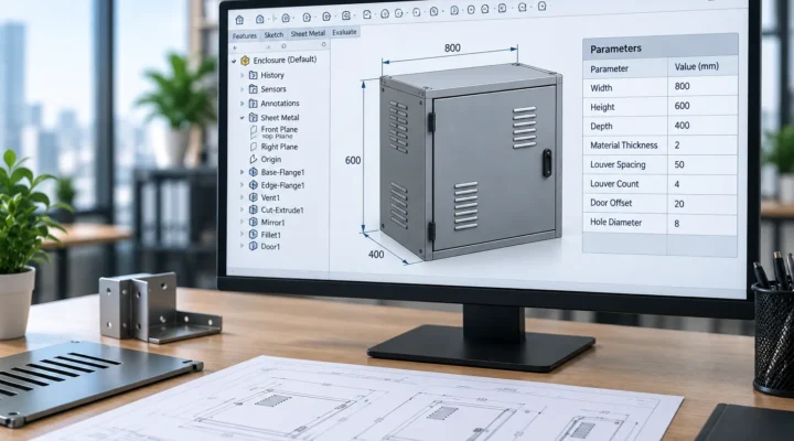 Parametric modeling in SolidWorks showing an industrial sheet metal cabinet with adjustable dimensions