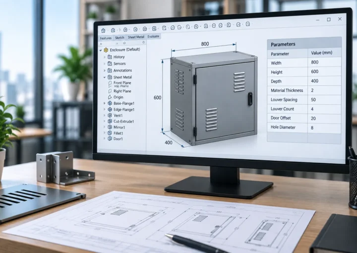 Parametric modeling in SolidWorks showing an industrial sheet metal cabinet with adjustable dimensions
