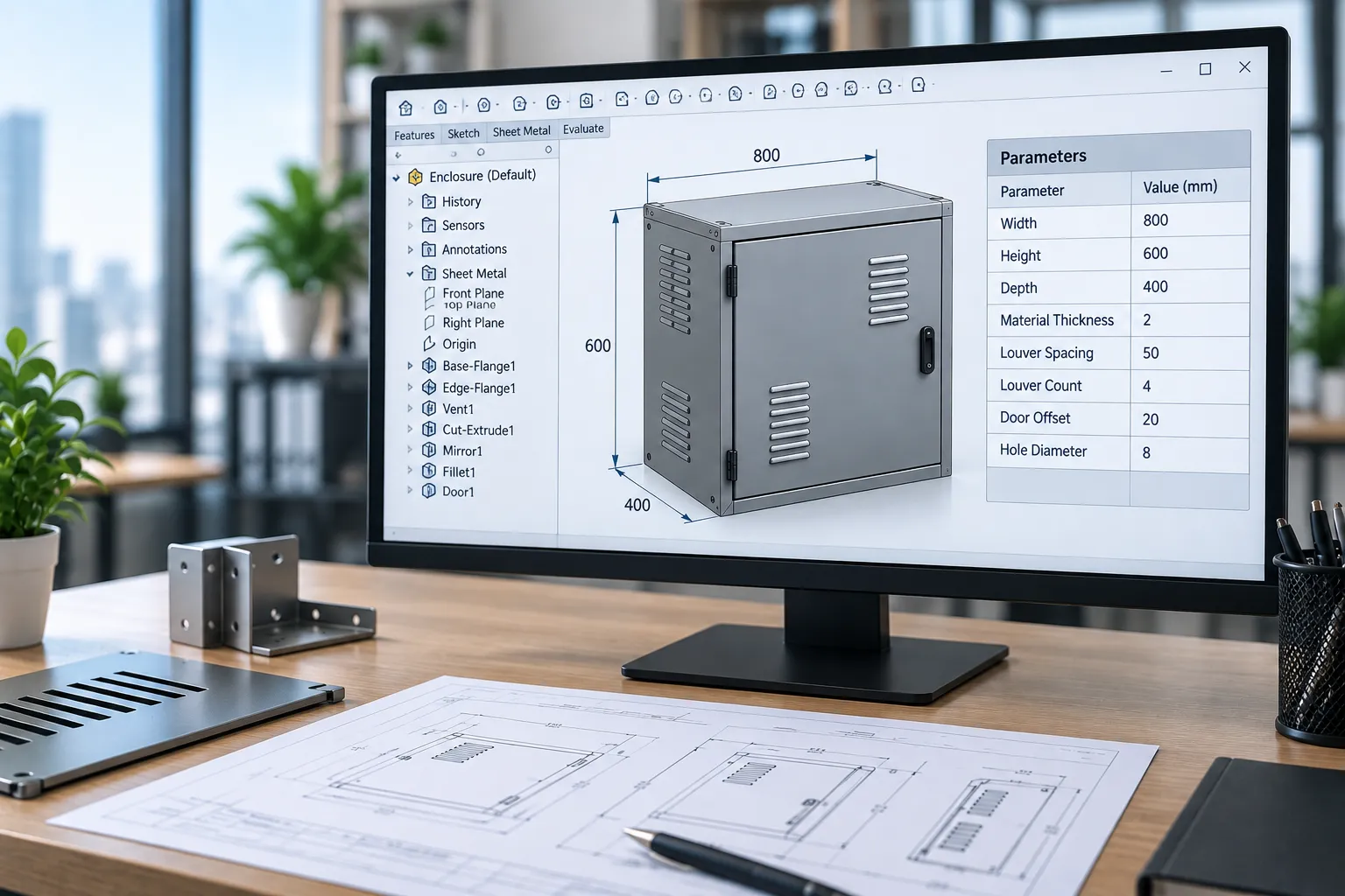 Parametric modeling in SolidWorks showing an industrial sheet metal cabinet with adjustable dimensions