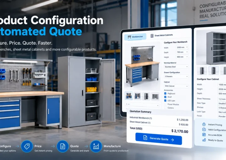 Product configurator and CPQ interface for configuring industrial workbenches and sheet metal cabinets and generating online quotations