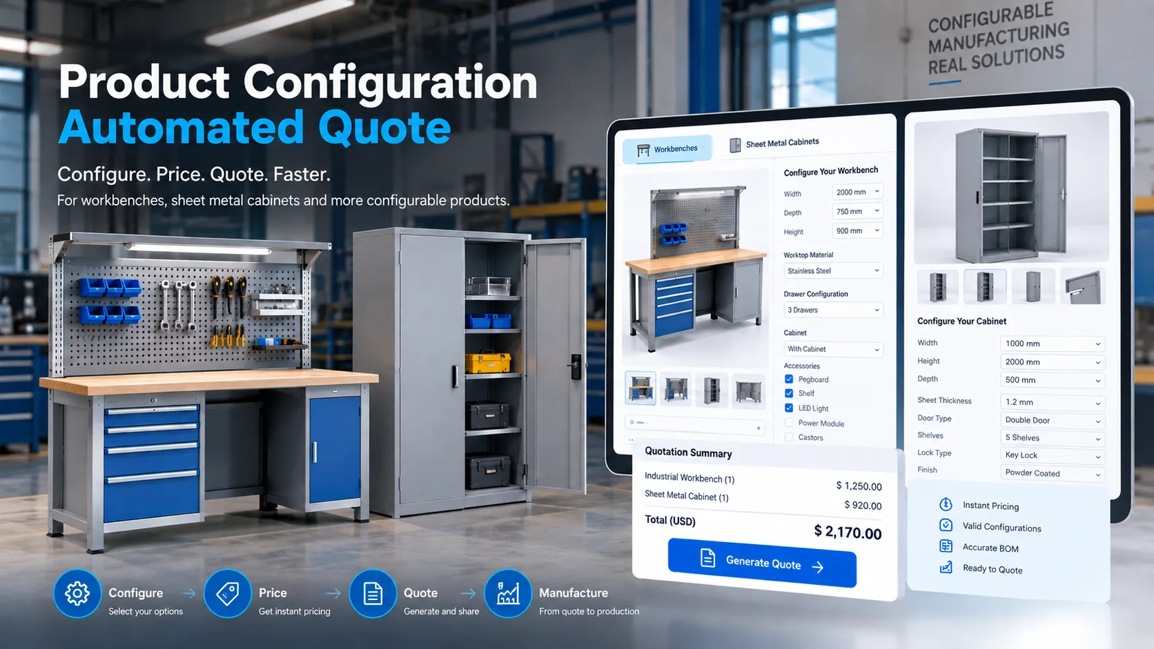 Product configurator and CPQ interface for configuring industrial workbenches and sheet metal cabinets and generating online quotations