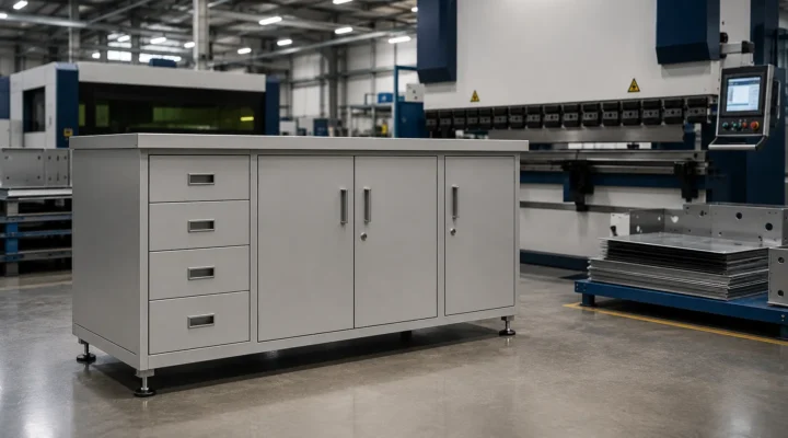 Sheet metal laboratory furniture cabinet in a manufacturing unit
