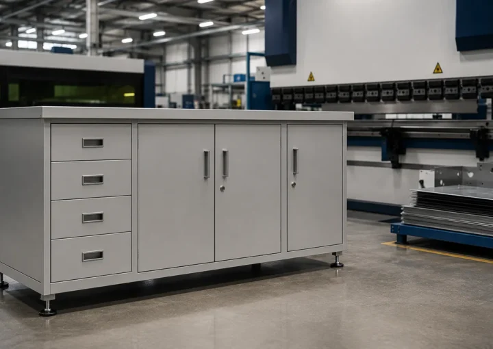 Sheet metal laboratory furniture cabinet in a manufacturing unit
