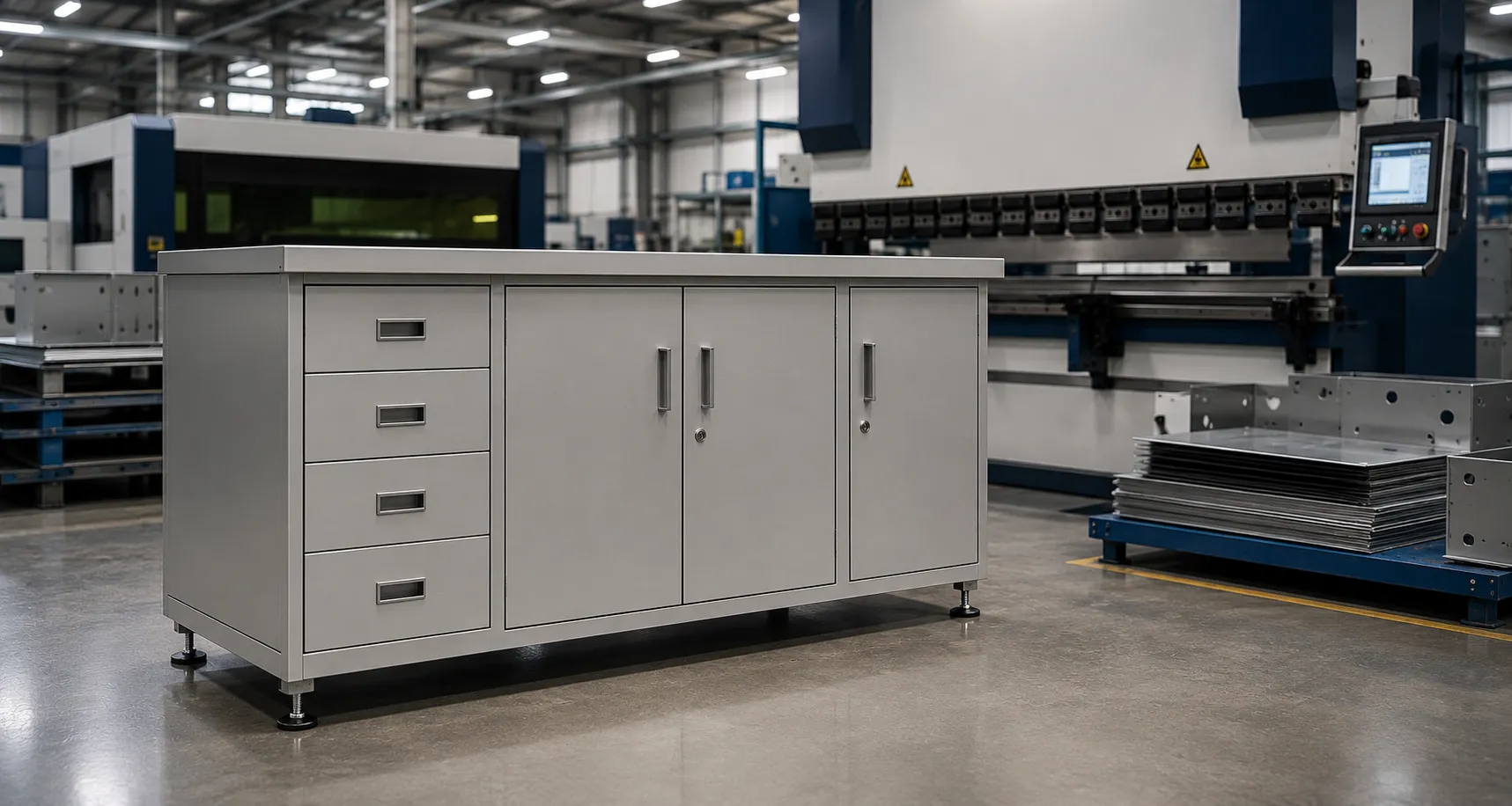 Sheet metal laboratory furniture cabinet in a manufacturing unit