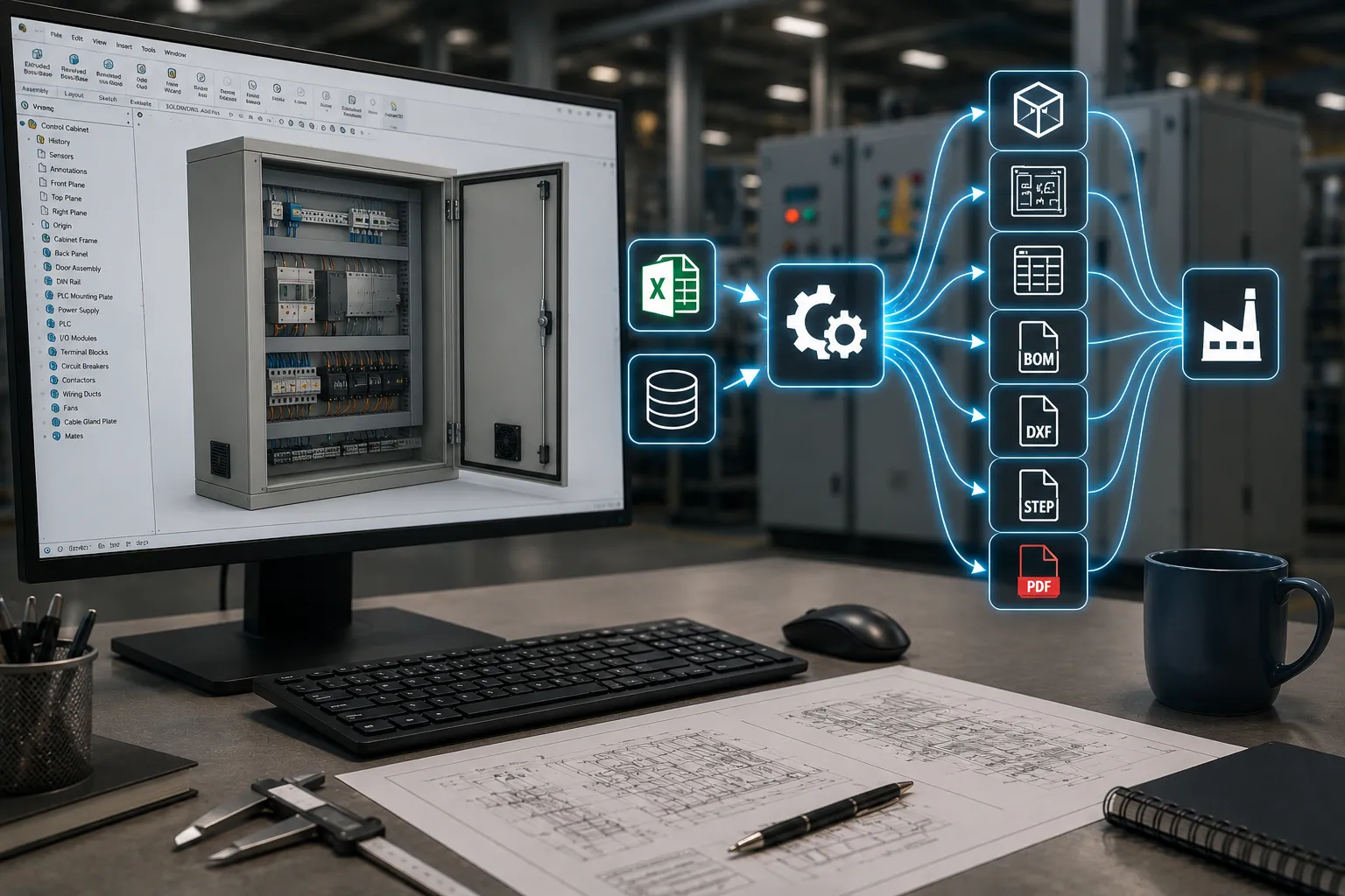 SolidWorks API automation workflow connecting CAD models with engineering and manufacturing outputs