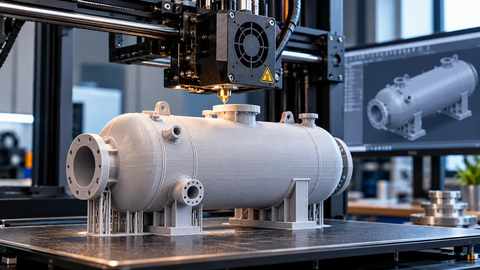 Industrial 3D printer producing a pressure vessel prototype for engineering applications. - 3D Printing