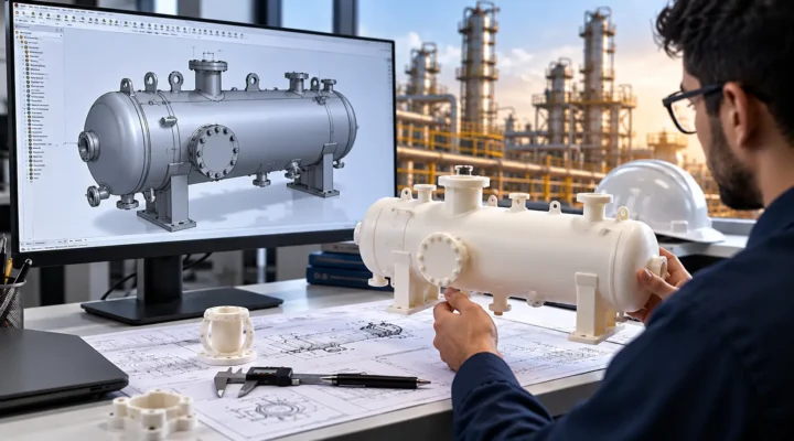 Mechanical engineer comparing a pressure vessel CAD model with a 3D printed prototype for design validation