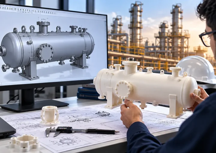 Mechanical engineer comparing a pressure vessel CAD model with a 3D printed prototype for design validation
