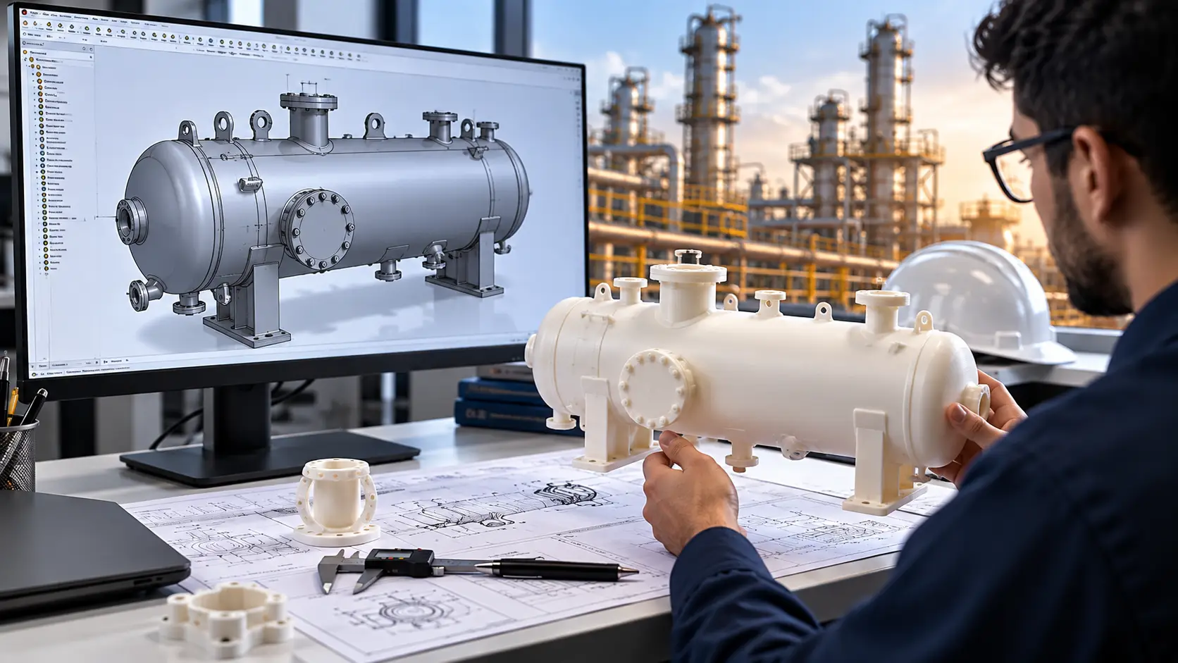 Mechanical engineer comparing a pressure vessel CAD model with a 3D printed prototype for design validation