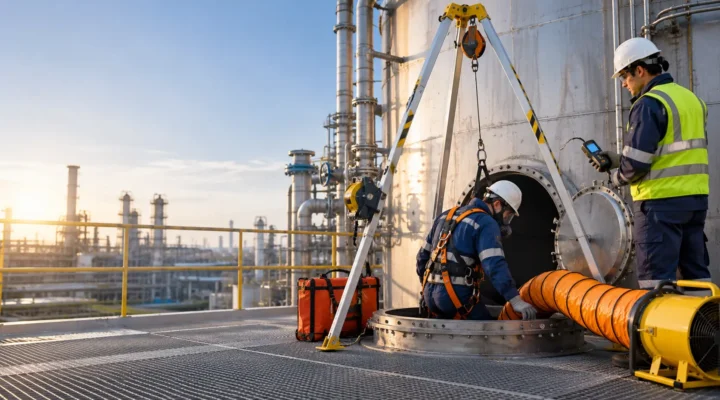 Confined space entry preparation with an industrial worker, attendant, and rescue equipment.