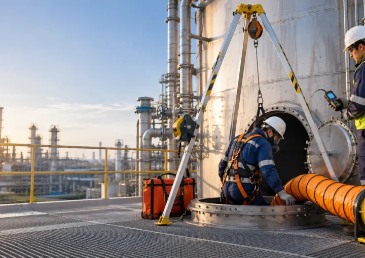 Confined space entry preparation with an industrial worker, attendant, and rescue equipment.