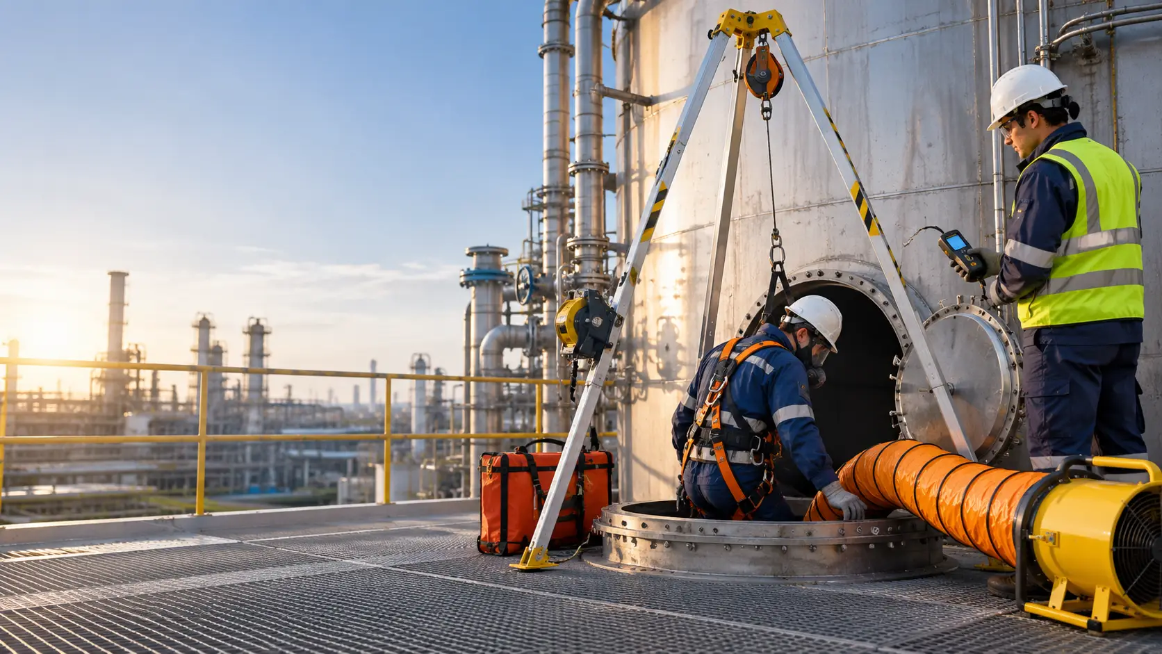 Confined space entry preparation with an industrial worker, attendant, and rescue equipment.