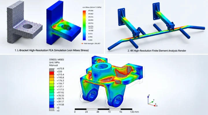 FEA mesh quality and stress analysis results showing finite element meshes and von Mises stress distribution on mechanical components and structures