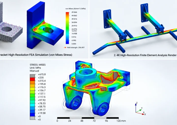 FEA mesh quality and stress analysis results showing finite element meshes and von Mises stress distribution on mechanical components and structures