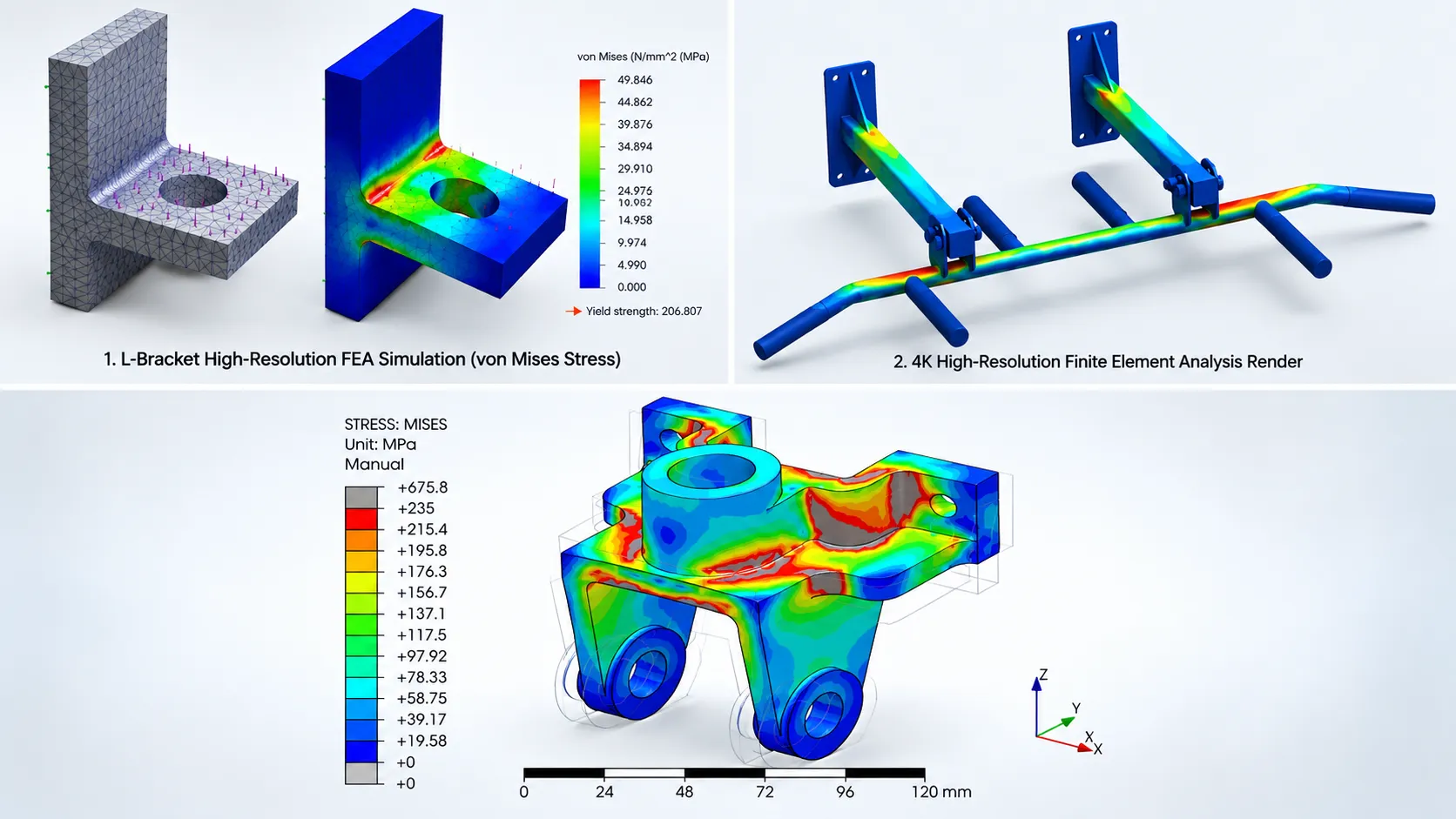 FEA mesh quality and stress analysis results showing finite element meshes and von Mises stress distribution on mechanical components and structures