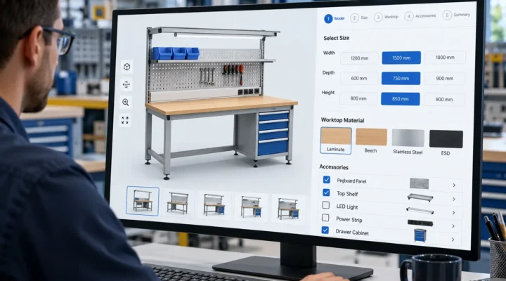 Industrial workbench product configurator showing size, worktop, and accessory selections.