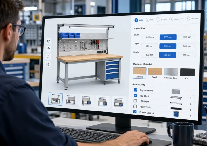 Industrial workbench product configurator showing size, worktop, and accessory selections.
