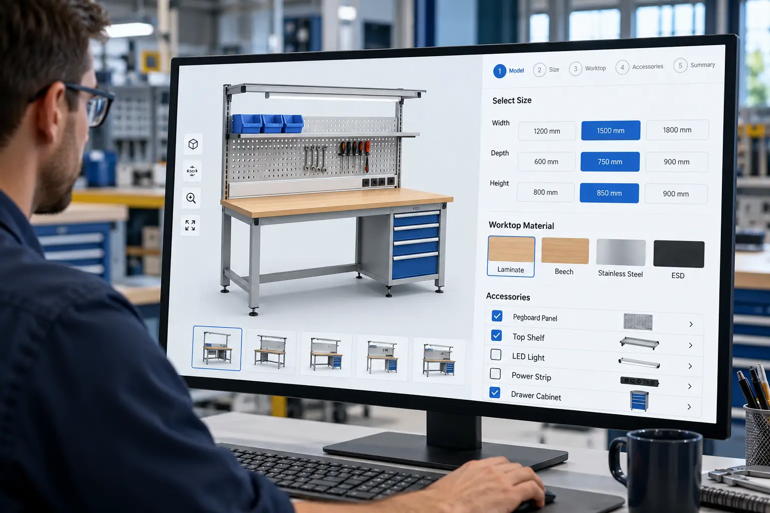 Industrial workbench product configurator showing size, worktop, and accessory selections.
