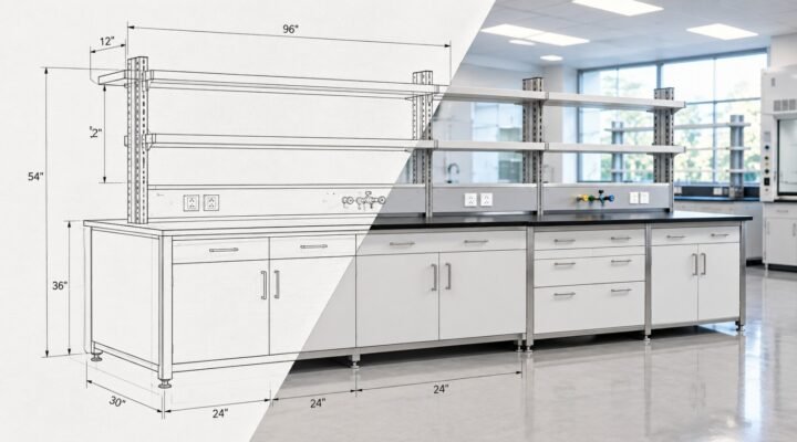 Revit laboratory furniture family transitioning from technical CAD drawing to finished laboratory workstation